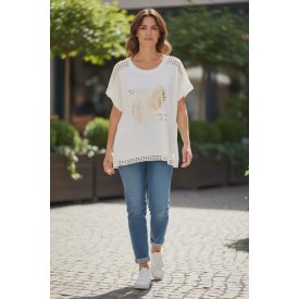   Nagyobb méretű, fehér színű, arany levél mintás felső