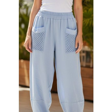 Horgolt zsebű, pamut nadrág babakék színben