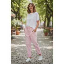   Nagyobb méretű, babarózsaszín színű, gyűrt anyagú nadrág