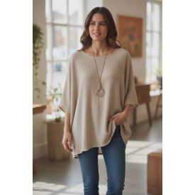   Nagyobb méretben nyomott mintás felső fangó barna színben