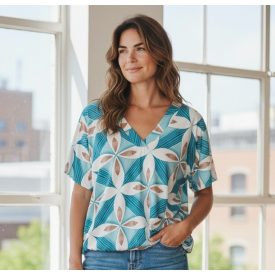 "V" nyakú, alul gumis, mintás felső