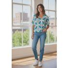 "V" nyakú, alul gumis, mintás felső