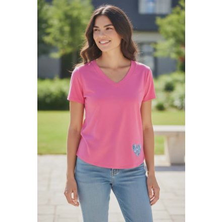 "V" nyakú, szív mintás póló pink színben