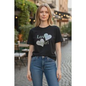 Feliratos, kék szíves, strasszokkal díszített póló