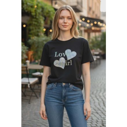 Feliratos, kék szíves, strasszokkal díszített póló