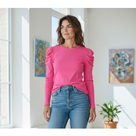   Kerekített nyakrésszel, buggyos és húzott ujjú, pink színű felső