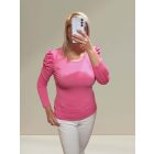 Kerekített nyakrésszel, buggyos és húzott ujjú, pink színű felső