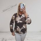 Hátul kötős, fekete alapon, barna virág mintás felső