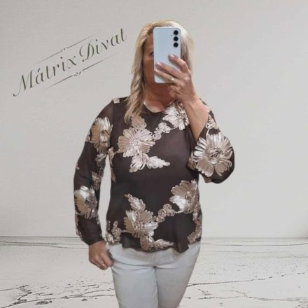 Hátul kötős, fekete alapon, barna virág mintás felső