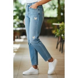 Strasszos, sárga lepkés, mom fit farmernadrág