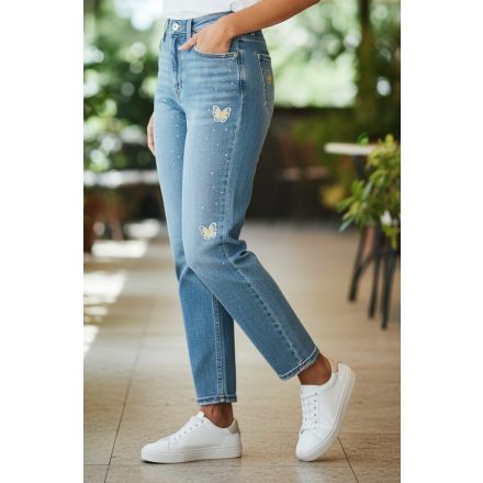 Strasszos, sárga lepkés, mom fit farmernadrág