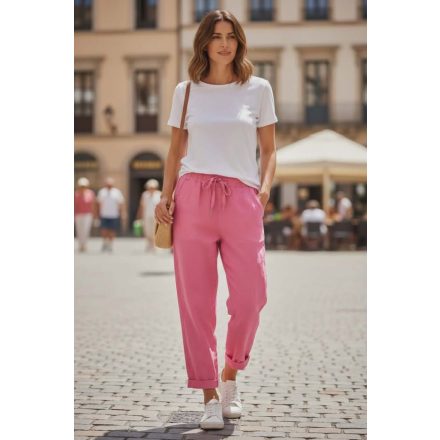 Pink színű, gyűrt anyagú nadrág